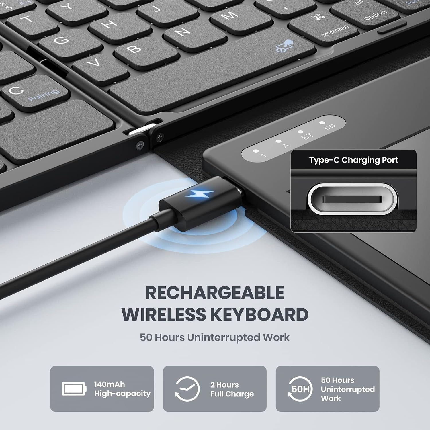 Foldable Bluetooth Keyboard, Portable Full Size Folding Keyboard with Large Touchpad, Numeric Keypad, PU Leather, Wireless Travelkeyboard for Windows Android Mac(Sync up to 3 Devices)