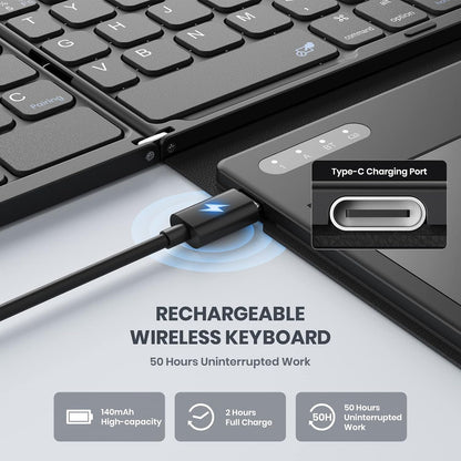 Foldable Bluetooth Keyboard, Portable Full Size Folding Keyboard with Large Touchpad, Numeric Keypad, PU Leather, Wireless Travelkeyboard for Windows Android Mac(Sync up to 3 Devices)