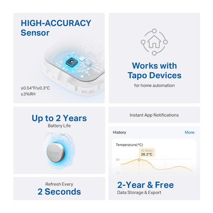 Tp-Link Tapo Smart Temperature and Humidity Sensor T310, White, Requires Tapo Hub, High-Accuracy Swiss-Made Sensor, Real-Time Notifications, Free Data Storage, Long-Lasting Performance