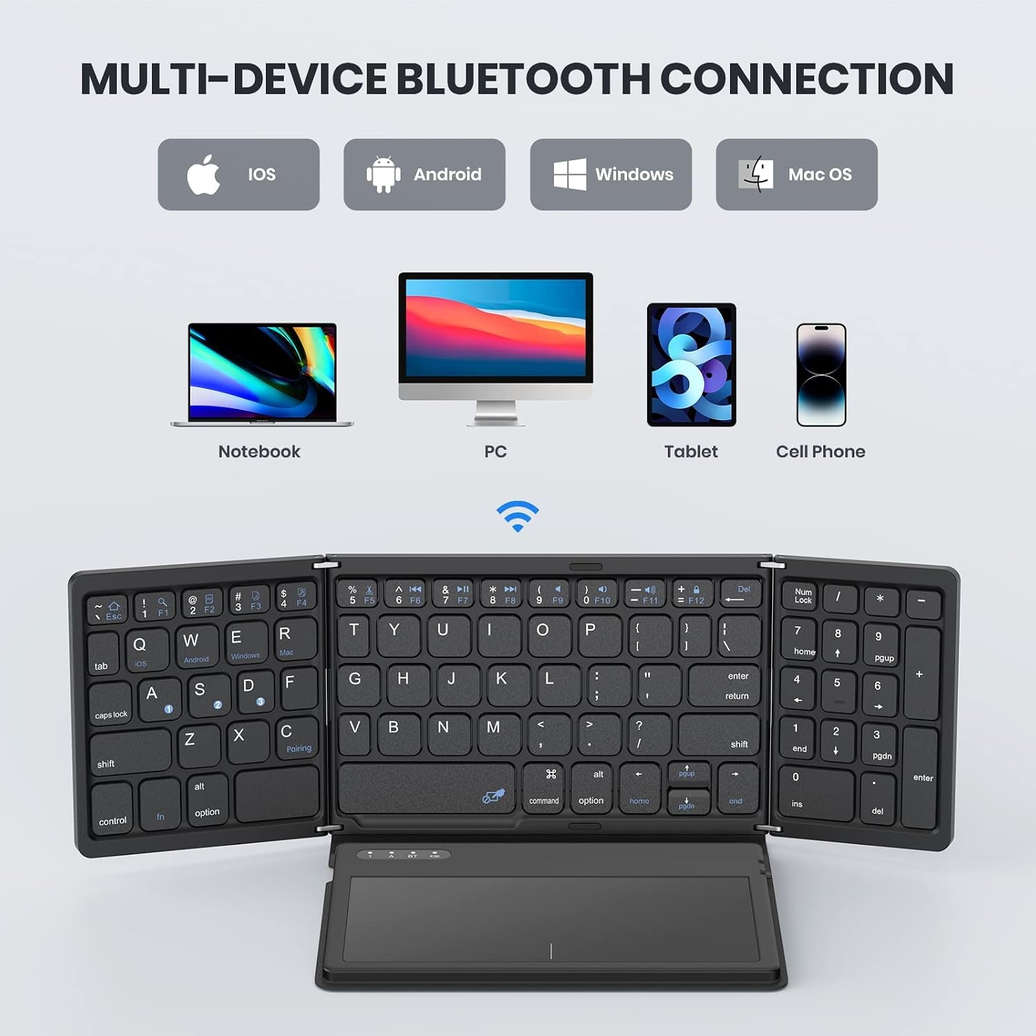 Foldable Bluetooth Keyboard, Portable Full Size Folding Keyboard with Large Touchpad, Numeric Keypad, PU Leather, Wireless Travelkeyboard for Windows Android Mac(Sync up to 3 Devices)