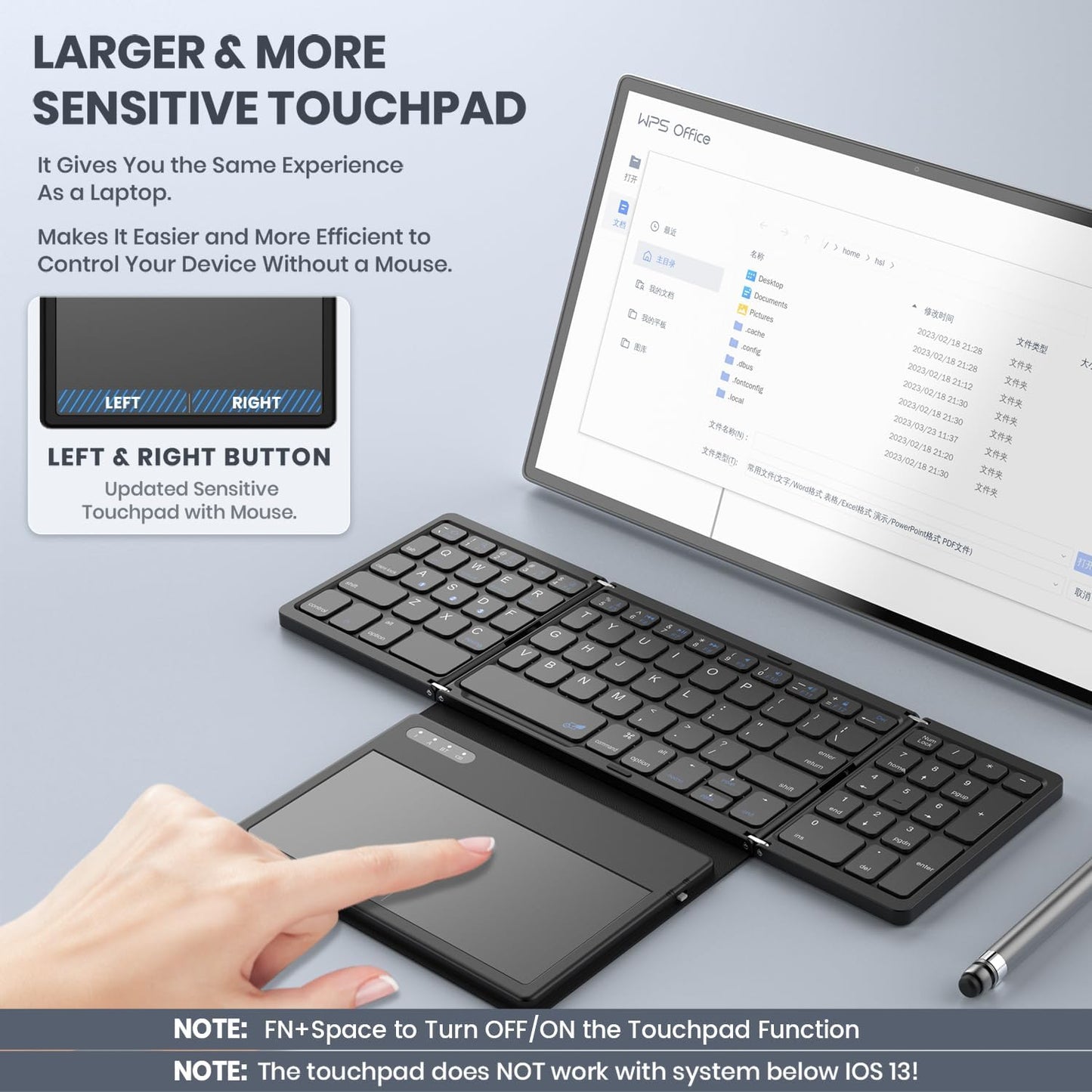 Foldable Bluetooth Keyboard, Portable Full Size Folding Keyboard with Large Touchpad, Numeric Keypad, PU Leather, Wireless Travelkeyboard for Windows Android Mac(Sync up to 3 Devices)