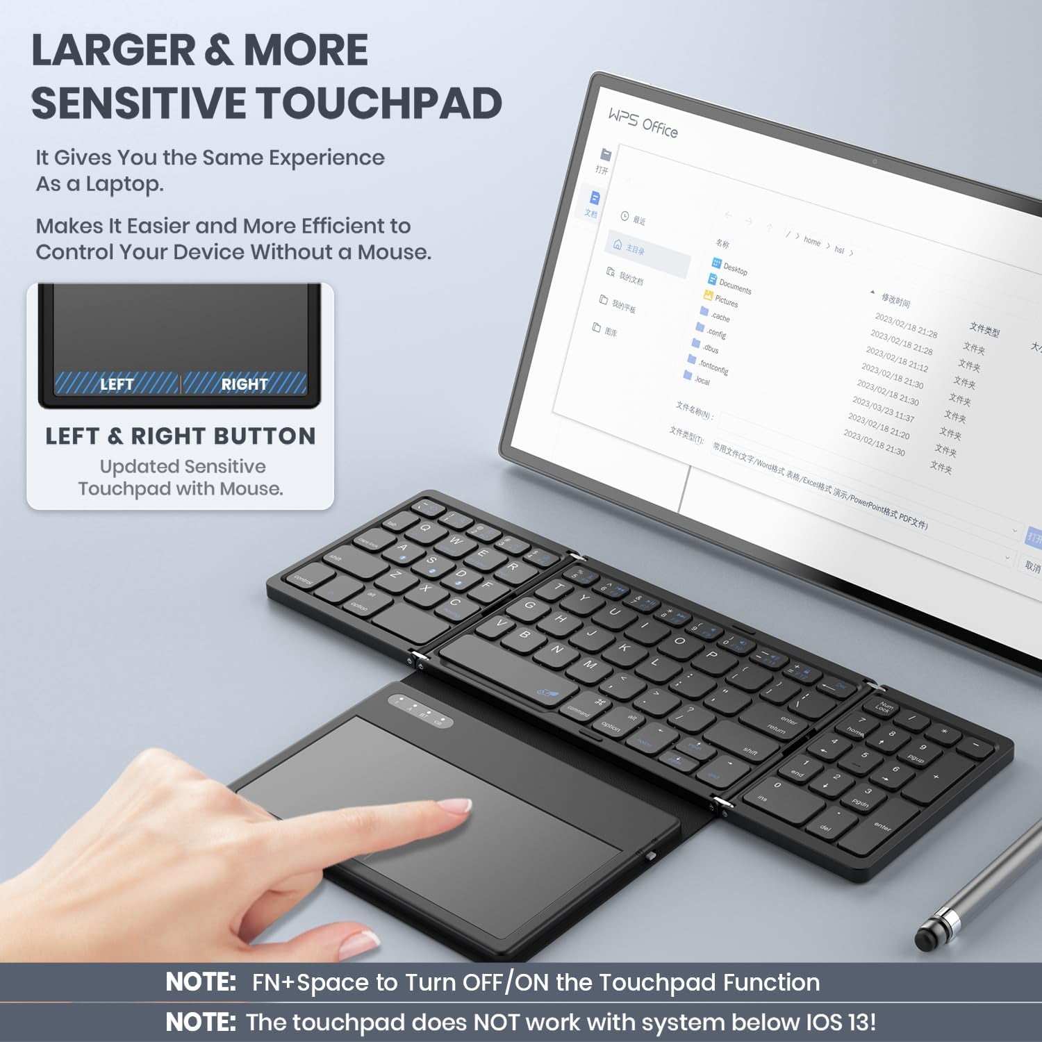 Foldable Bluetooth Keyboard, Portable Full Size Folding Keyboard with Large Touchpad, Numeric Keypad, PU Leather, Wireless Travelkeyboard for Windows Android Mac(Sync up to 3 Devices)