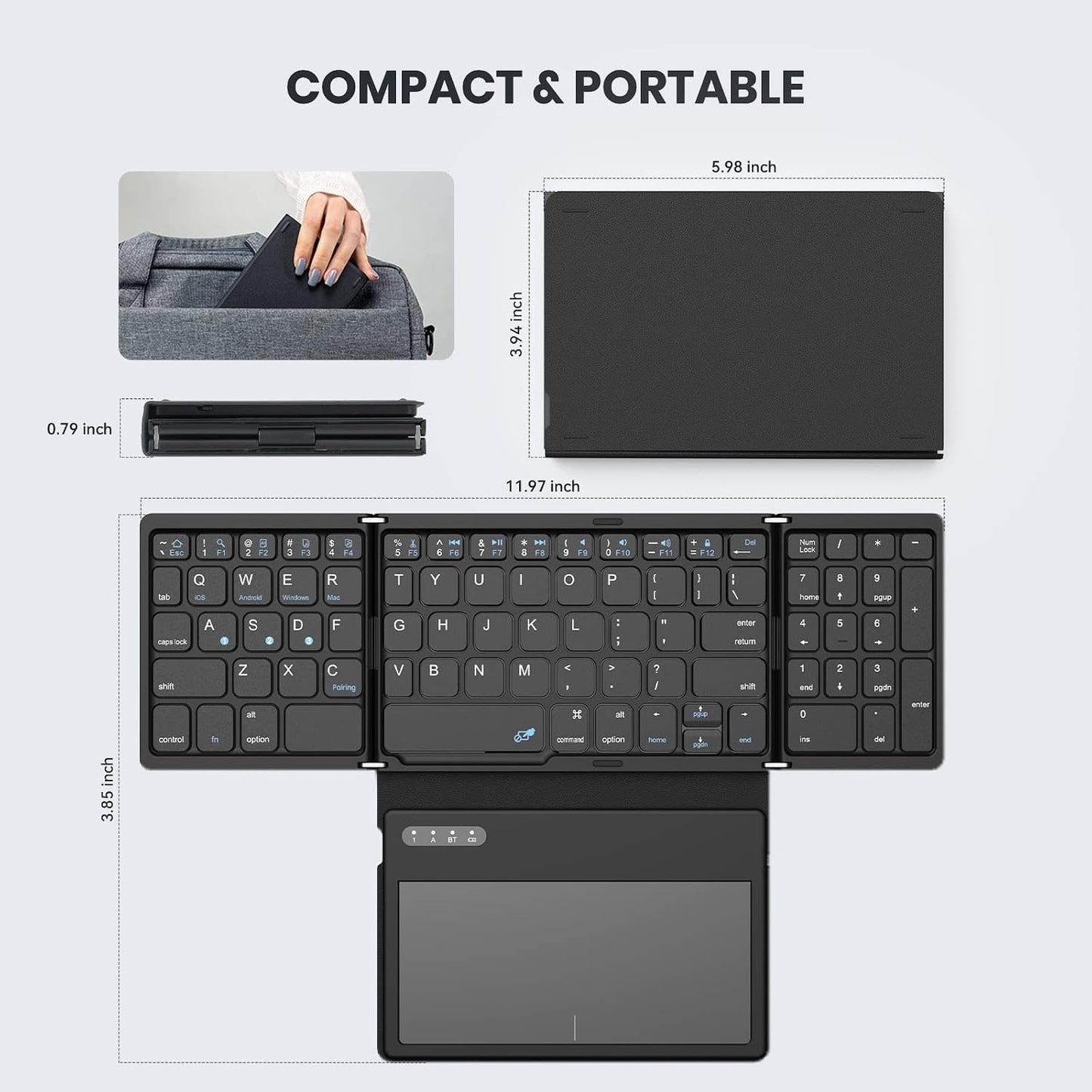 Foldable Bluetooth Keyboard, Portable Full Size Folding Keyboard with Large Touchpad, Numeric Keypad, PU Leather, Wireless Travelkeyboard for Windows Android Mac(Sync up to 3 Devices)