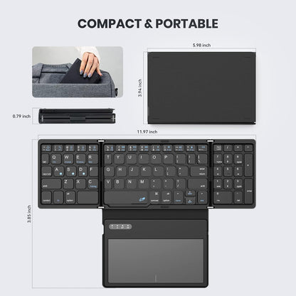 Foldable Bluetooth Keyboard, Portable Full Size Folding Keyboard with Large Touchpad, Numeric Keypad, PU Leather, Wireless Travelkeyboard for Windows Android Mac(Sync up to 3 Devices)
