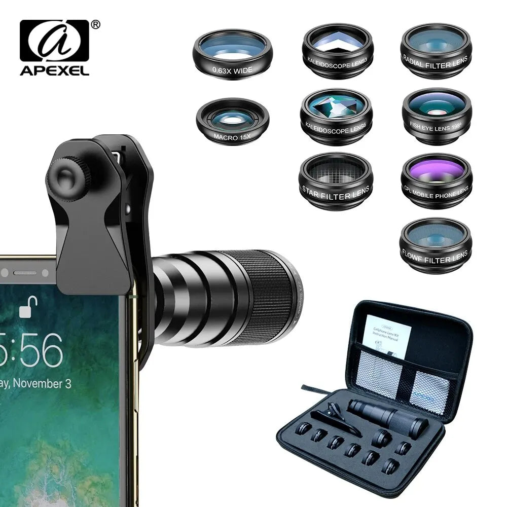 10 in 1 Mobile Phone Lens Kit 22X Telephoto Fisheye Lens Wide Angle Macro Lens+Cpl Star Flow Filters for All Smartphones