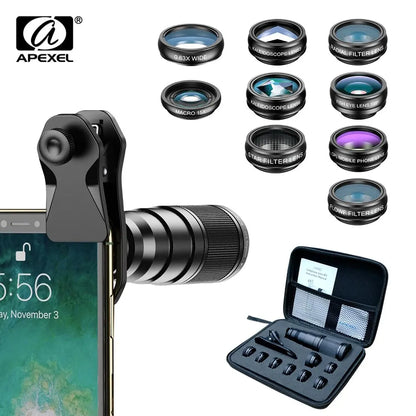 10 in 1 Mobile Phone Lens Kit 22X Telephoto Fisheye Lens Wide Angle Macro Lens+Cpl Star Flow Filters for All Smartphones