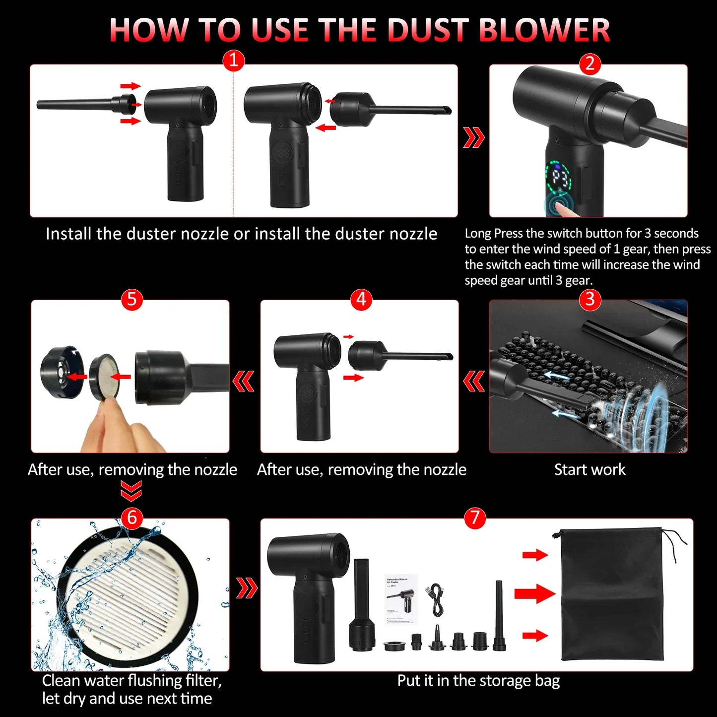 Compressed-Air-Duster--Cleaner with Digital Screen Brush Motor, 100W 7500Mah Electric Air Dusters Cleaner Electric Air Duster