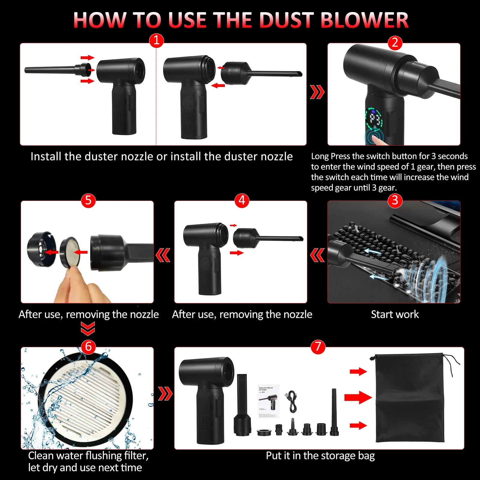 Compressed-Air-Duster--Cleaner with Digital Screen Brush Motor, 100W 7500Mah Electric Air Dusters Cleaner Electric Air Duster