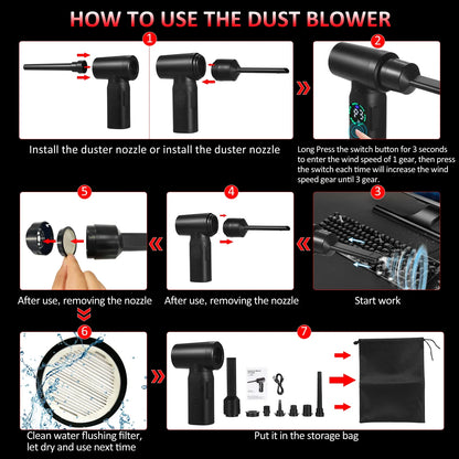 Compressed-Air-Duster--Cleaner with Digital Screen Brush Motor, 100W 7500Mah Electric Air Dusters Cleaner Electric Air Duster