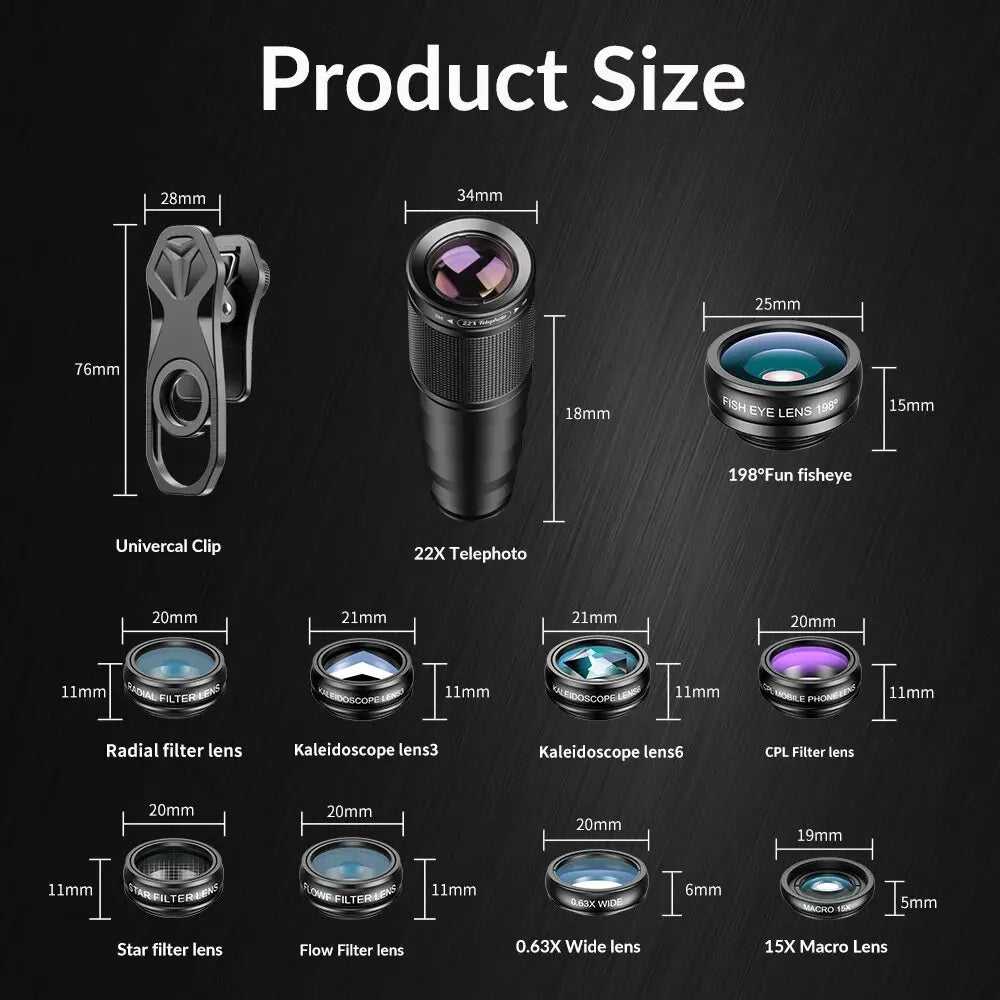 10 in 1 Mobile Phone Lens Kit 22X Telephoto Fisheye Lens Wide Angle Macro Lens+Cpl Star Flow Filters for All Smartphones