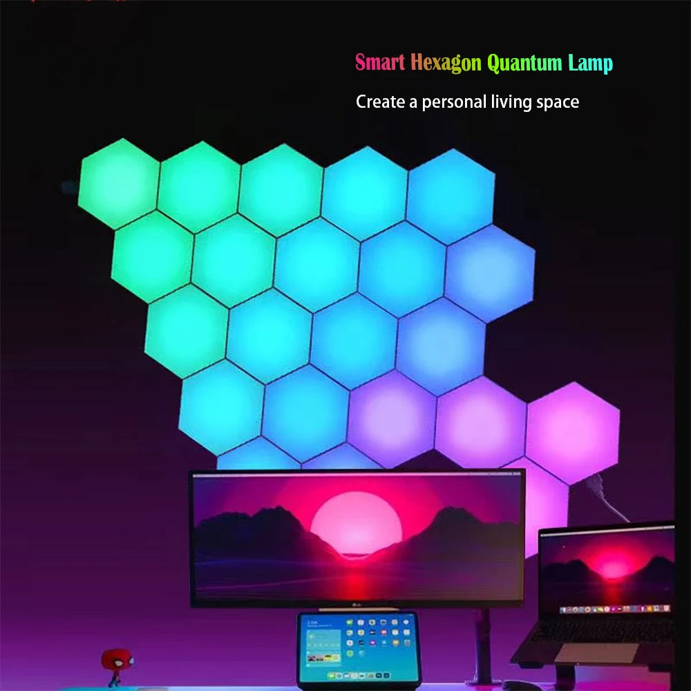 LED Quantum Lamp Intelligent APP Hexagon Lights DIY Modular Rhythm Lamps Game Room Atmosphere Decoration Creative RGB Wall Lamps